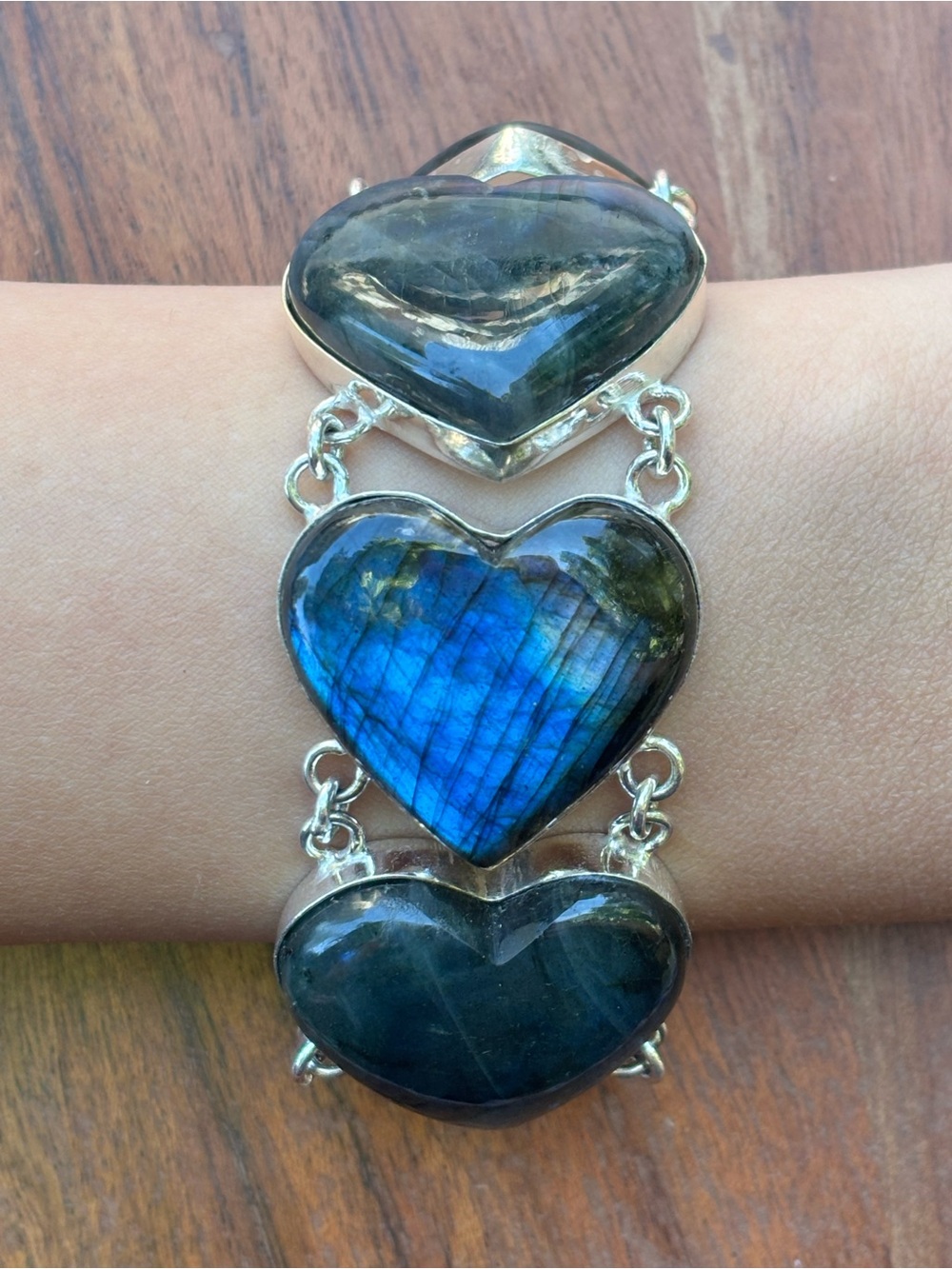 Vintage Blue Labradorite Heart Bracelet 925 Sterling Silver 6-8”